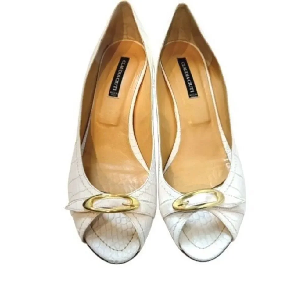 Claudio Ciuti Croc Embossed Leather Peep Toe Wedges Italian 8.5
